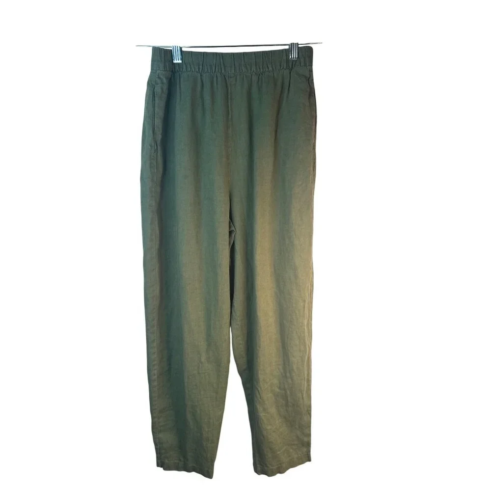 ZARA Womens Small Olive Green Linen Pants Elastic Waist Relaxed Fit